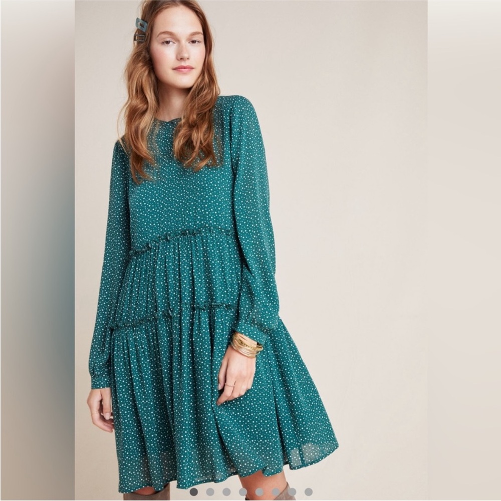 Anthro Maeve Esther Tiered Tunic Dress Green Size Small Petite EUC